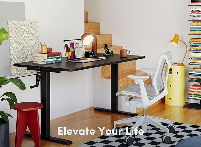 FEZIBO Crank Height Adjustable Desk, 48 Inches Manual Standing Desk, Writing Table with Handle, Home Office Desk with Black Frame/Black Table Top - LeafyLoom