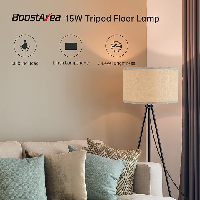 BoostArea Floor Lamp for Living Room, Tripod Floor Lamp, 15W LED Bulb, 3 Levels Dimmable Brightness, Gray Linen Lamp Shade, Mid Century Standing Lamp for Living Room, Bedroom, Study Room and Office - LeafyLoom