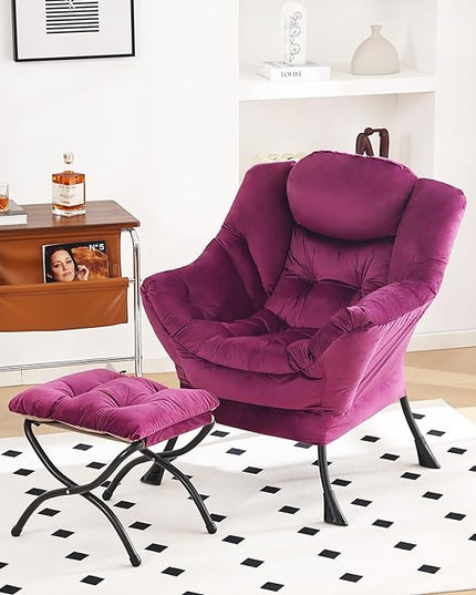 Lazy Chair and Ottoman, Large Accent Lounge Chair with Armrests and a Side Pocket, Modern Leisure Upholstered Sofa Reading Armchair with Footrest for Bedroom, Living Room, Dorm Rooms, Office - LeafyLoom