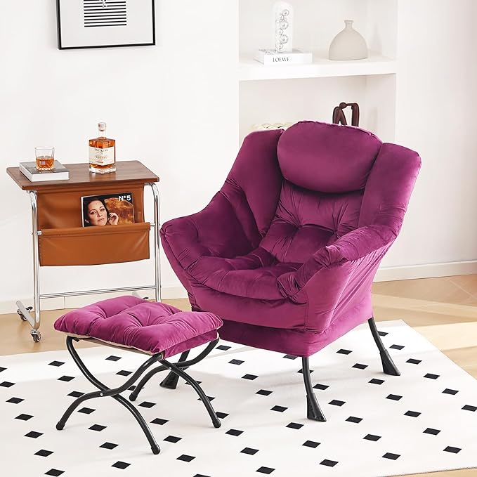 Lazy Chair and Ottoman, Large Accent Lounge Chair with Armrests and a Side Pocket, Modern Leisure Upholstered Sofa Reading Armchair with Footrest for Bedroom, Living Room, Dorm Rooms, Office - LeafyLoom