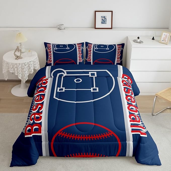 Feelyou Baseball Print Bedding Set Full Size Sports Game Comforter Set for Kids Boys Girls Decor Baseball Gaming Comforter Microfiber Ball Duvet Set Bedroom Quilt Set - LeafyLoom