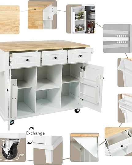 Kitchen Cart with Rubber Wood Drop-Leaf Countertop, Kitchen Island On 5 Wheels with Storage Cabinet, 3 Drawers and Internal Storage Racks, Rolling Mobile Portable Serving Carts (Ivory) - LeafyLoom