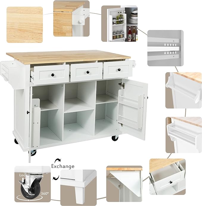 Kitchen Cart with Rubber Wood Drop-Leaf Countertop, Kitchen Island On 5 Wheels with Storage Cabinet, 3 Drawers and Internal Storage Racks, Rolling Mobile Portable Serving Carts (Ivory) - LeafyLoom