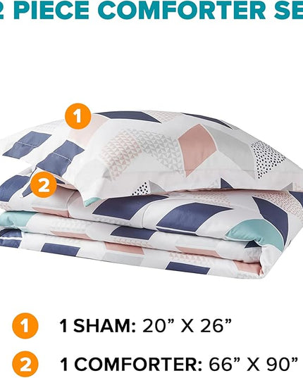 Comfort Spaces Kylar Cozy Comforter Set, Vibrant Chevron Ruching Design with Solid Reverse, All Season Down Alternative Bedding with Matching Sham, Twin/Twin XL (66 in x 90 in), Multi/Blush 2 Piece - LeafyLoom