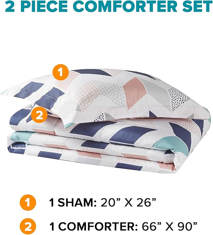 Comfort Spaces Kylar Cozy Comforter Set, Vibrant Chevron Ruching Design with Solid Reverse, All Season Down Alternative Bedding with Matching Sham, Twin/Twin XL (66 in x 90 in), Multi/Blush 2 Piece - LeafyLoom