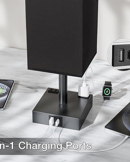 Touch Bedside Table Lamp For Nightstand - 3-Way Dimmable Night Lamp with USB A + Type C Charging Ports and two AC Outlets, Small Desk Light with E26 LED Bulb for Bedroom Living Room Dorm Office,BLACK - LeafyLoom