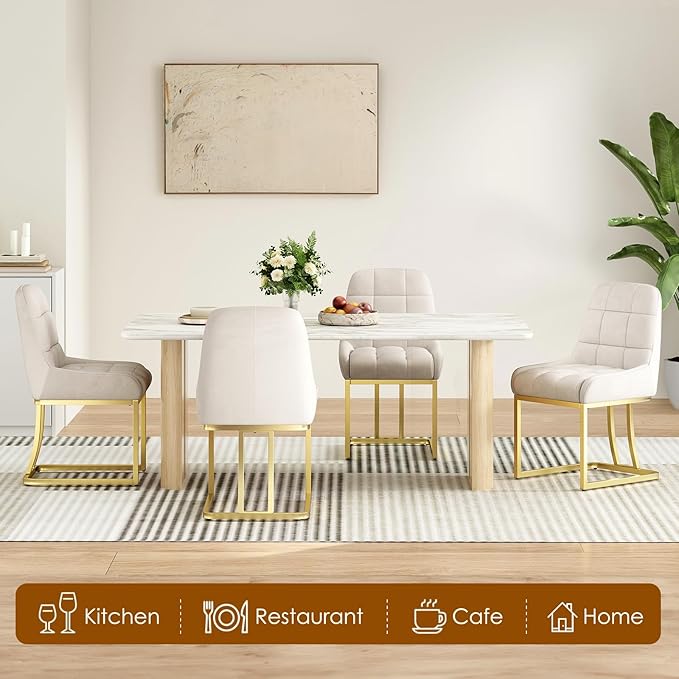 STARY Upholstered Velvet Armless Dining Room Chairs with Gold Metal Legs for Kitchen Restaurant, Beige- Set of 2 - LeafyLoom