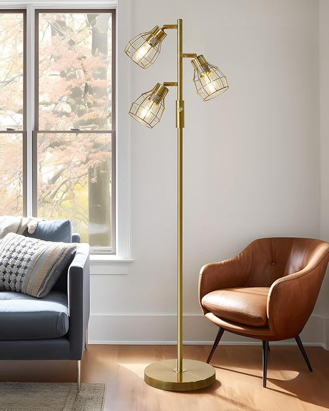 Oneach 64.25" Modern Floor Lamp for Living Room Gold Floor Lamp for Bedroom Clearance Farmhouse Home Office Tall Lamps for Bedroom with 3 Metal Lamp Head Adjustable（Bulbs Included） - LeafyLoom