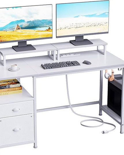 Furologee White Computer Desk with Drawer and Power Outlets, 47" Office Desk with 2 Monitor Stands and Fabric File Cabinet, Writing Gaming Table with Shelves and 2 Hooks for Home Office - LeafyLoom