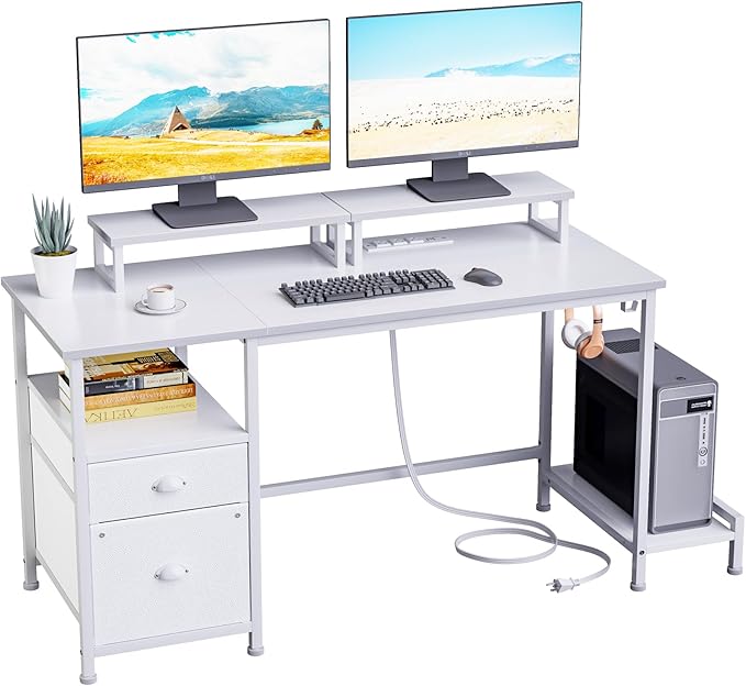 Furologee White Computer Desk with Drawer and Power Outlets, 47" Office Desk with 2 Monitor Stands and Fabric File Cabinet, Writing Gaming Table with Shelves and 2 Hooks for Home Office - LeafyLoom