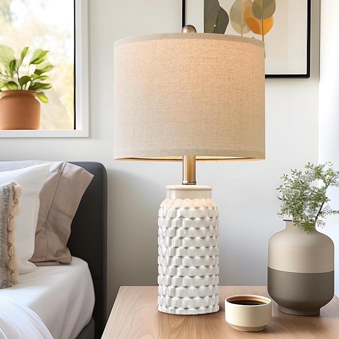 20.5" White Modern Ceramic Bedside Lamp Set of 2 for Bedroom Decor Farmhouse Table Lamp for Living Room Office Dorm - LeafyLoom