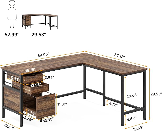 Tribesigns L Shaped Desk with File Drawer Cabinet, 59 Inch Corner Desk L Shaped Computer Desk with Drawers, PC Table Writing Desk for Home Office, Rustic Brown - LeafyLoom