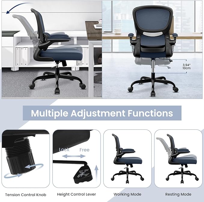 Office Chair, Ergonomic Desk Chair with Lumbar Support and Adjustable Armrests, Comfy Desk Chair Breathable Mesh Mid Back Computer Chair, Reclining Office Chair for Home Office - DarkGray - LeafyLoom