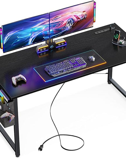 KKL Small Desk with Power Outlets and USB Port Computer Desk for Home Office Gaming Simple Modern Style Writing Desks with Storage Bag Headphone Hook, 48 inch, Black - LeafyLoom