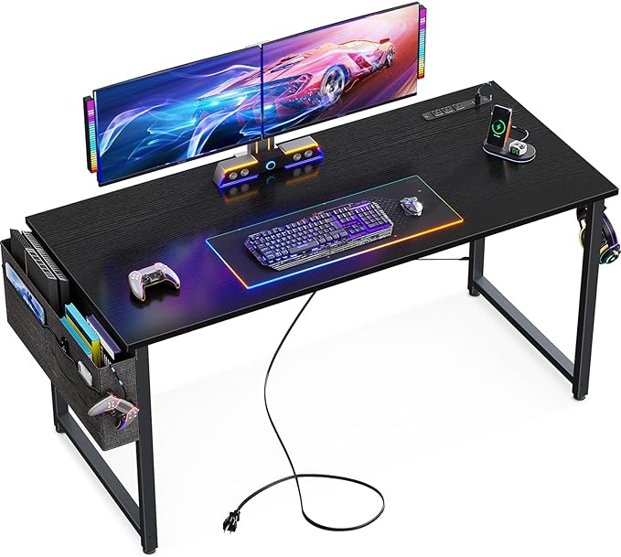 KKL Small Desk with Power Outlets and USB Port Computer Desk for Home Office Gaming Simple Modern Style Writing Desks with Storage Bag Headphone Hook, 48 inch, Black - LeafyLoom