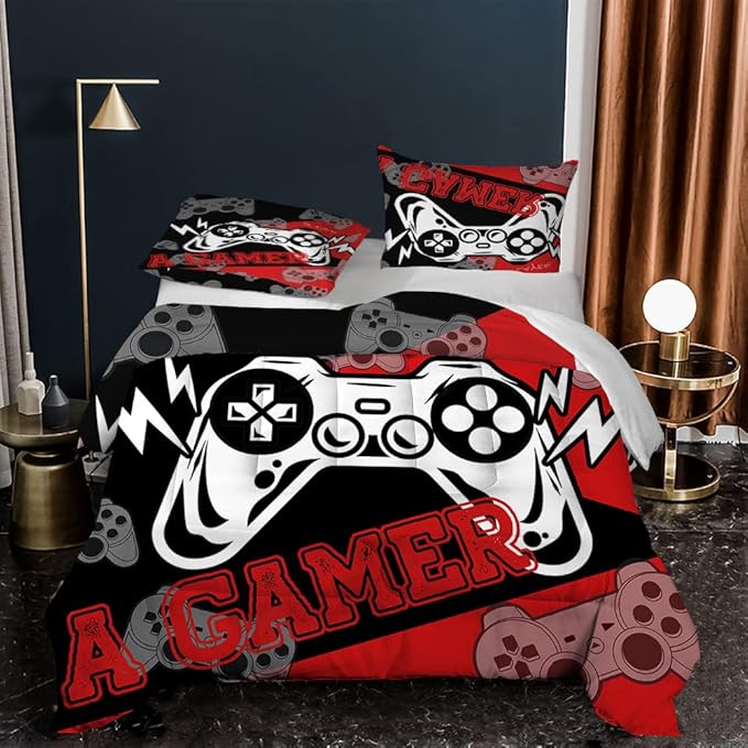 Sunnycitron Gamer Bedding Set for Boys Gamer Comforter sets Queen Gaming Bedding Kid's Comforter Set Boys Teen Gamepad Gaming Comforter,1 Comforter 2 Pillowcases - LeafyLoom