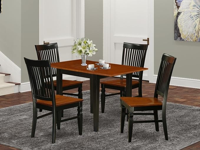 East West Furniture Norden 5 Piece Dinette Set for 4 Includes a Rectangle Room Table with Dropleaf and 4 Dining Chairs, 30x48 Inch, NDWE5-BCH-W - LeafyLoom