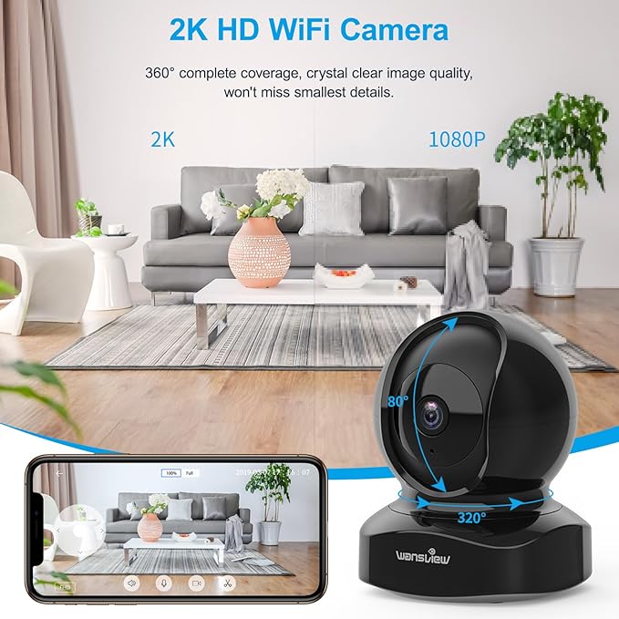 Wansview Security Camera, IP Camera 2K, WiFi Home Indoor Camera for Baby/Pet/Nanny, 2 Way Audio Night Vision, Works with Alexa, with TF Card Slot and Cloud Wansview