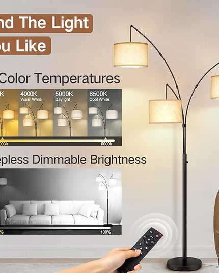 OUTON Arc LED Floor Lamp with Remote Control, Dimmable Modern Black 3 Light Arched Tall Floor Lamp, Mid Century Adjustable Standing Corner Lamps for Bedroom, Office, Living Room, Beige Lampshade - LeafyLoom