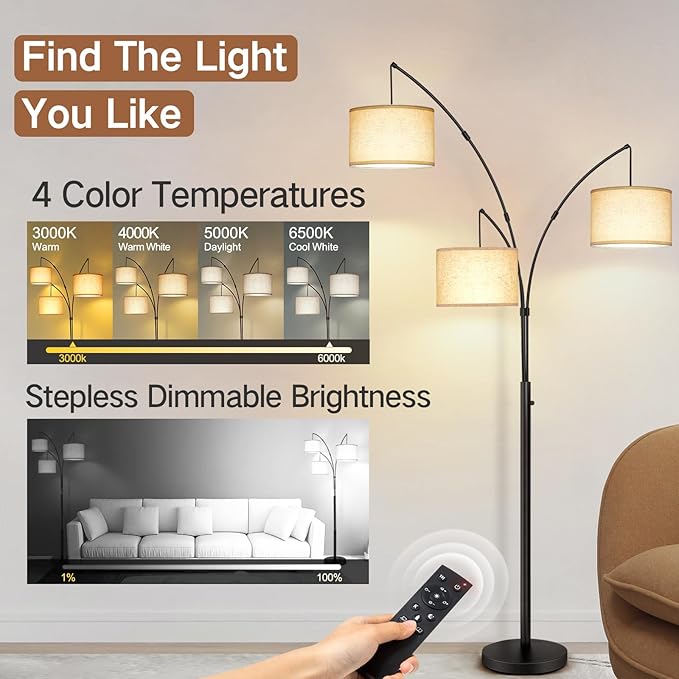 OUTON Arc LED Floor Lamp with Remote Control, Dimmable Modern Black 3 Light Arched Tall Floor Lamp, Mid Century Adjustable Standing Corner Lamps for Bedroom, Office, Living Room, Beige Lampshade - LeafyLoom