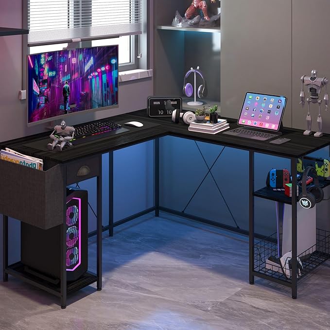 X-cosrack 88.5inch Large L-Shaped Computer Desk with Storage Shelves Drawer, Home Office Writing Corner Desk, 2 Person Long Desk PC Laptop Workstation with Hooks Storage Bag Cable Hole-Black - LeafyLoom