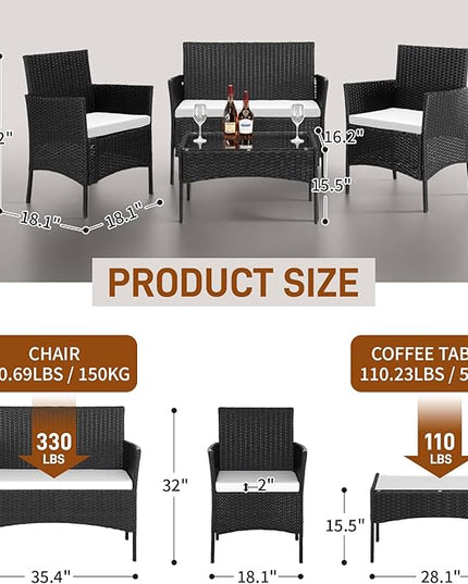 Outvita 4 Pieces Patio Furniture Set, Rattan Conversation Sets with Loveseat Soft Cushion and Glass Table for Garden Backyard Balcony Porch Poolside(Black) - LeafyLoom