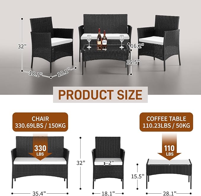Outvita 4 Pieces Patio Furniture Set, Rattan Conversation Sets with Loveseat Soft Cushion and Glass Table for Garden Backyard Balcony Porch Poolside(Black) - LeafyLoom