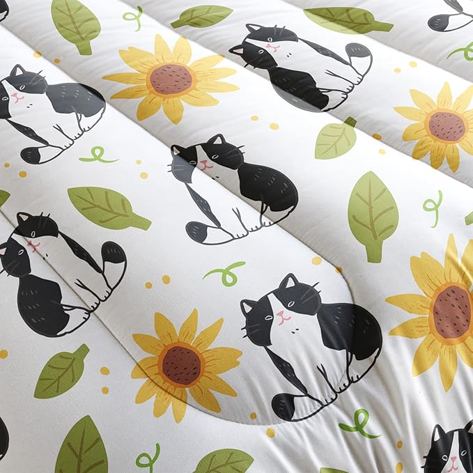 Kawaii Cat Comforter Full Size,Sunflower Cat Comforter Set for Kids Teens Girls Boys,3Pcs Bedding Set Printed Comforter with 2 Pillowcases,Down Alternative,Soft and Lightweight，Full Size - LeafyLoom
