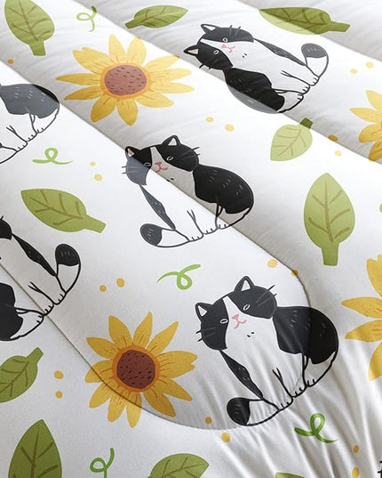 Kawaii Cat Comforter Queen Size,Sunflower Cat Comforter Set for Kids Teens Girls Boys,3Pcs Bedding Set Printed Comforter with 2 Pillowcases,Down Alternative,Soft and Lightweight，Queen Size - LeafyLoom