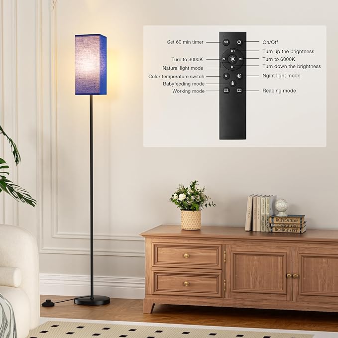Ambimall Remote Control Floor Lamp, Stepless Dimmable, 64 Inches Tall, Include 9W Bulb, Standing Lamp for Living Room Bedroom Office (Blue & Black) - LeafyLoom