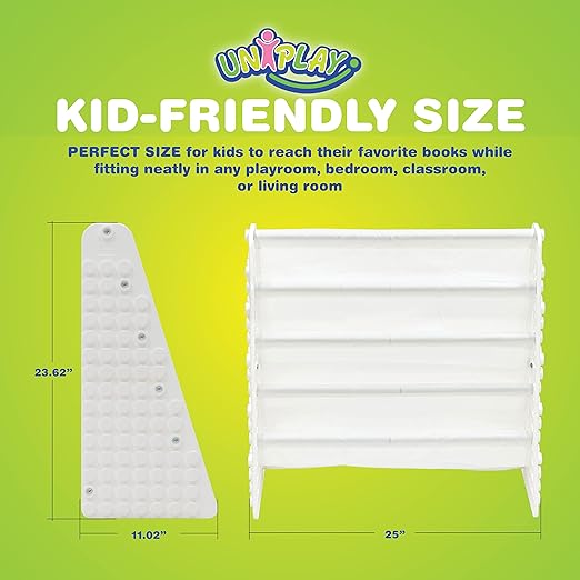 UNiPLAY Kids 4-Tier Book Storage Organizer with Sling Book Pockets, Plastic Sling Rack Bookshelf for Playroom, Fits Blocks, White - LeafyLoom
