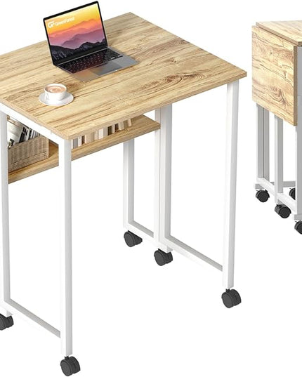 GreenForest Folding Desk Small Rolling Desk with Storage Shelf,31.5 inch Foldable Computer Desk with Wheels for Small Space,Easy Assembly,Oak - LeafyLoom