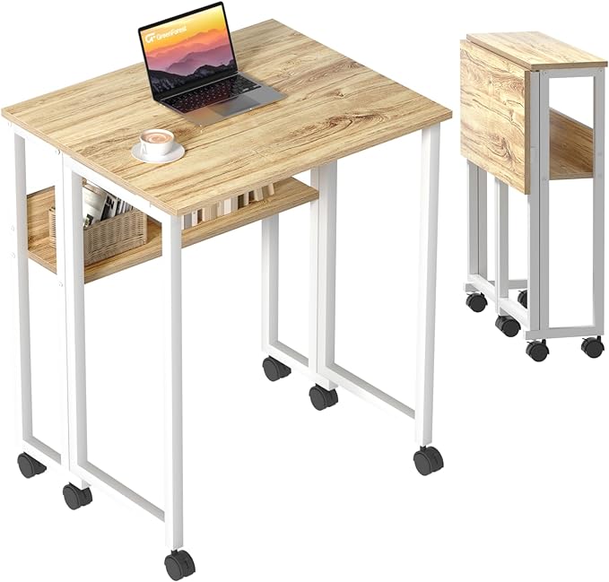 GreenForest Folding Desk Small Rolling Desk with Storage Shelf,31.5 inch Foldable Computer Desk with Wheels for Small Space,Easy Assembly,Oak - LeafyLoom