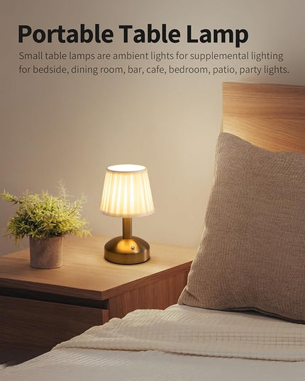 KDG Modern Cordless Small Table Lamp, Portable LED Fabric Shade Desk Lamps, 5000mAh Rechargeable Battery Operated Lighting for Bedroom, Bedside, Bar, Living Room, Dining Room, Night Light(Gold) - LeafyLoom