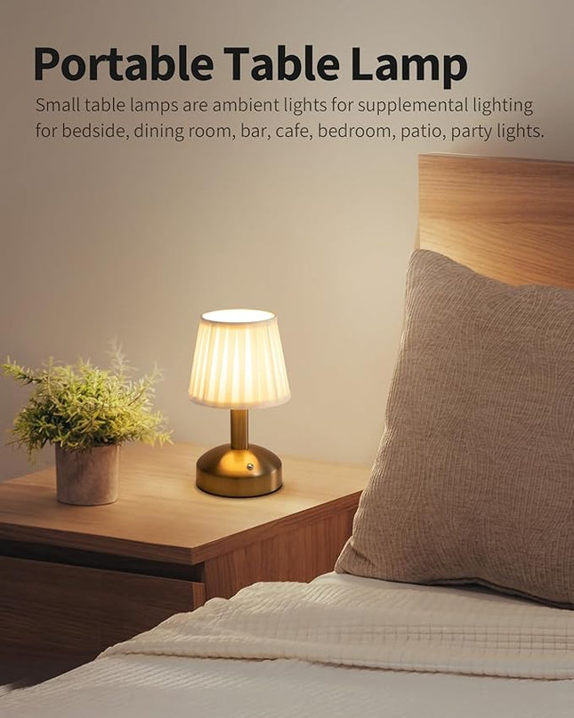 KDG Modern Cordless Small Table Lamp, Portable LED Fabric Shade Desk Lamps, 5000mAh Rechargeable Battery Operated Lighting for Bedroom, Bedside, Bar, Living Room, Dining Room, Night Light(Gold) - LeafyLoom