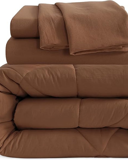 NTBAY Twin Comforter Set with Sheets, 5 Pieces Soft and Breathable Twin Bedding Set, Twin Bed in a Bag, Down Alternative Comforter Set Solid Color All Season, Kids Bedding Set, Brown - LeafyLoom