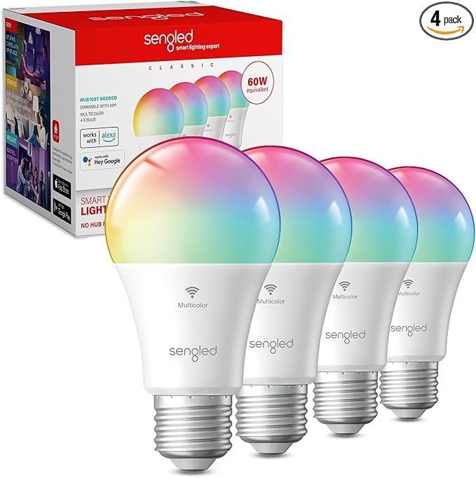 Sengled G2 Wi-Fi Bluetooth Smart Light Bulbs, Smart Bulbs That Work with Alexa & Google Assistant, Color Changing LED Light Bulbs 2000-6500K Dimmable, No Hub Required, 60W Equiv. 800LM CRI>90, 4 Pack Sengled