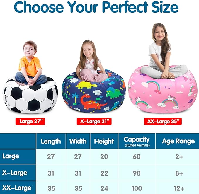 Lukeight Stuffed Animal Storage Bean Bag Chair Cover for Kids, Soccer Zipper Beanbag Chair Cover for Organizing Toddler & Kids' Rooms Plush Toys (Soccer, X-Large) - LeafyLoom