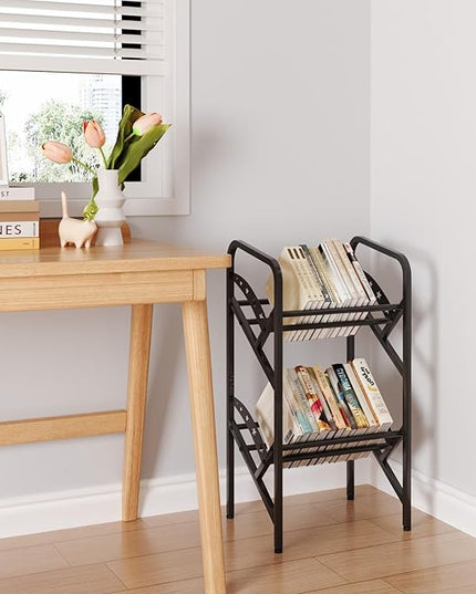 Bookshelf Storage Shelf Bookcase Freestanding Storage Stand Book Organizer for Living Room, Bedroom, Kitchen, Rust Resistance,Easy Assembly Multi-Functional Organizer (2 Tiers, Black) - LeafyLoom