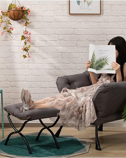 AbocoFur Modern Fabric Lazy Chair and Folding Footrest Stool Set, Accent Comfy Lounge Arm Chair and Ottoman, Leisure Sofa Reading Chair and Metal Cotton Footstool for Living room, Bedroom, Dark Grey - LeafyLoom