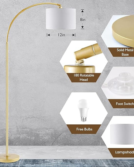 Arc Floor Lamps for Living Room, Modern Standing Lamp Gold Tall Lamp with White Drum Shade, Over Couch Arched Reading Light for Bedroom, Office - LeafyLoom