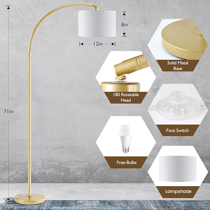 Arc Floor Lamps for Living Room, Modern Standing Lamp Gold Tall Lamp with White Drum Shade, Over Couch Arched Reading Light for Bedroom, Office - LeafyLoom