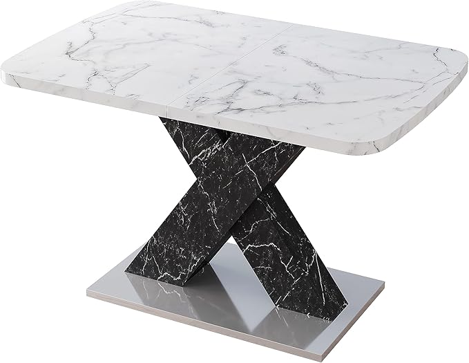 NicBex Dining Table Contemporary Kitchen Table Farmhouse Rustic Square Dining Table, Stretchable, White Marble Table Top+MDF Black X-Shape Table Leg with Metal Base, Easy Assembly, White+Black - LeafyLoom