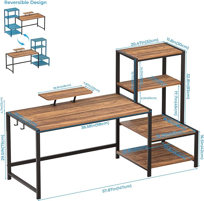 GreenForest Computer Desk 58 inch with Storage Printer Shelf Reversible Home Office Desk with Movable Monitor Stand and 2 Headphone Hooks for Study Writing PC Gaming Working, Walnut - LeafyLoom