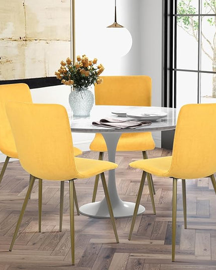 FurnitureR Modern Style Dining Chairs Set of 4, Comfy Side Chair with Fabric Seat Sturdy Metal Gold Legs for Kitchen Living Room Bedroom, Yellow - LeafyLoom