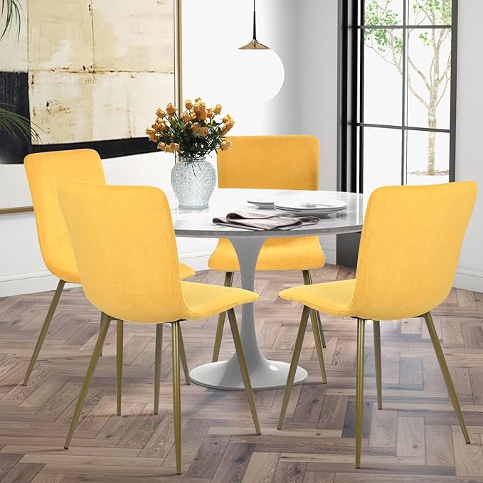FurnitureR Modern Style Dining Chairs Set of 4, Comfy Side Chair with Fabric Seat Sturdy Metal Gold Legs for Kitchen Living Room Bedroom, Yellow - LeafyLoom