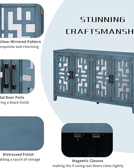 60" Retro Mirrored Buffet Sideboard with Metal Pulls,Accent Farmhouse-Style Wooden Storage Cabinet,W/ 4-Door,for Hallway,Entryway,Bedroom and Living Room,Navy - LeafyLoom