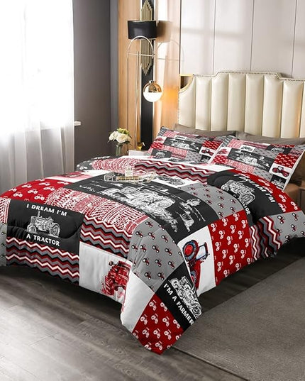 Erosebridal Red Tractor Bedding Set for Boys King,Construction Tractor Comforter Set Kids Teens Equipment Trucks Down Comforter Black White Construction Vehicle Quilt Set Bedroom Decor - LeafyLoom