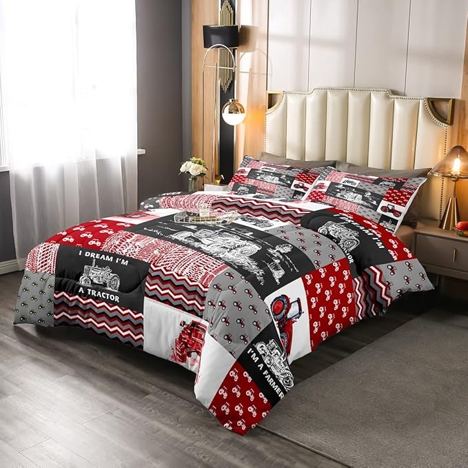 Erosebridal Red Tractor Bedding Set for Boys King,Construction Tractor Comforter Set Kids Teens Equipment Trucks Down Comforter Black White Construction Vehicle Quilt Set Bedroom Decor - LeafyLoom