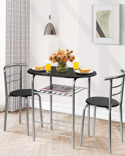 FANTASK 3 Pieces Dining Set, Breakfast Table Set w/Metal Frame and Storage Shelf, Compact Table and 2 Chairs Set for Home Bistro Pub Apartment Kitchen Dining Room Cafe - LeafyLoom